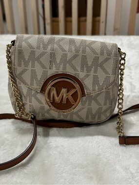 Michael Kors Beige Logo Crossbody with Gold-Tone MK Medallion
